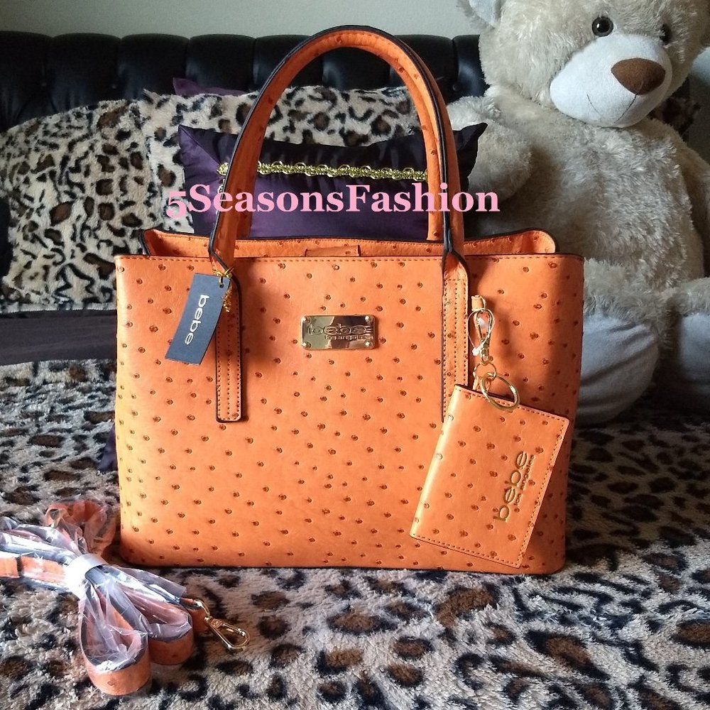 😻 BEBE Purse Faux Ostrich Satchel Orange
